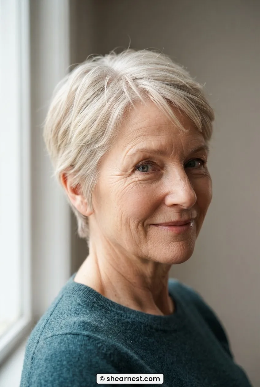 Three-quarter front view of a 58-year-old woman with a fine-hair pixie cut showing crown texture and volume in soft window light