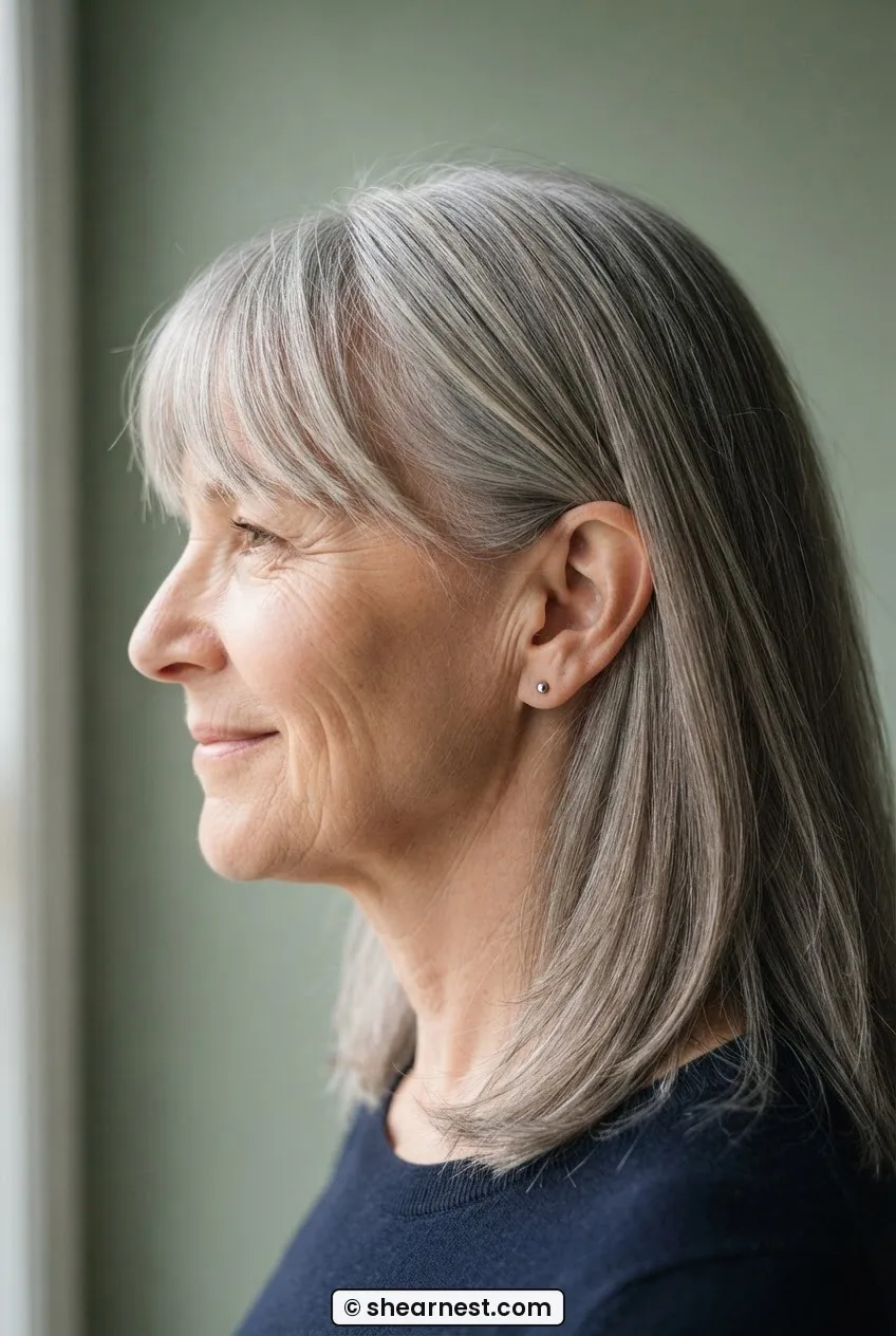 Side profile of a woman in her late fifties with fine silver-streaked hair in a feathered side bang blending into a collarbone lob