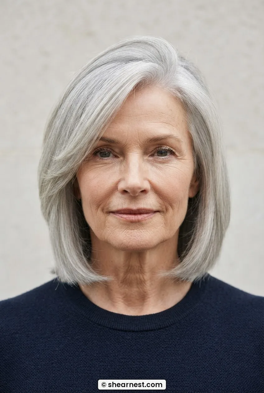 Older woman with fine silver hair in a collarbone-length lob with a deep side part and minimal face-framing layers