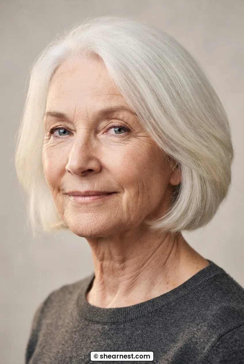 Older woman with fine white hair in softly blowdried chin-length rounded bob, clean perimeter edge