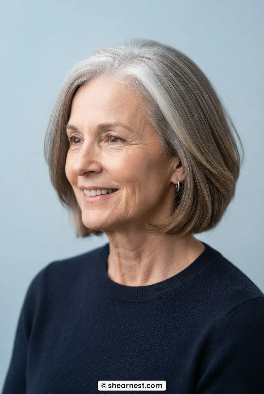 64-year-old woman with freshly blended silver-to-ash-brown jaw-length bob after blowdry, no visible demarcation line