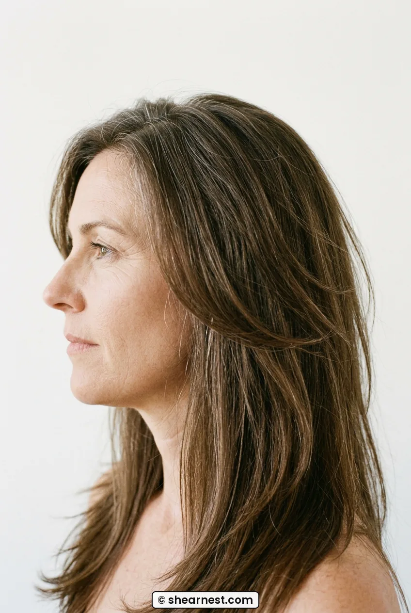 Finished soft layers in long brown hair falling naturally from crown with visible layer separation in warm light
