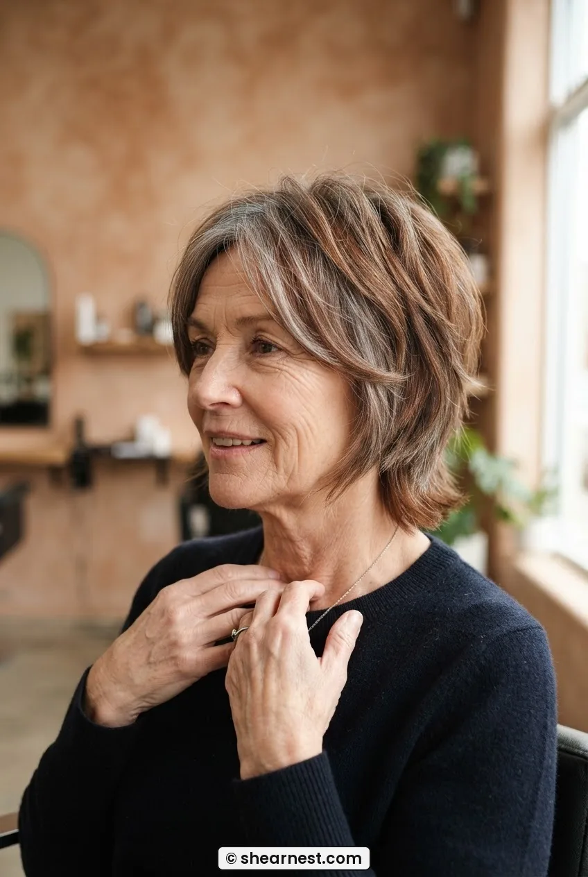 Finished modern medium shag on 55-year-old woman with greying auburn hair showing full layer separation in side light