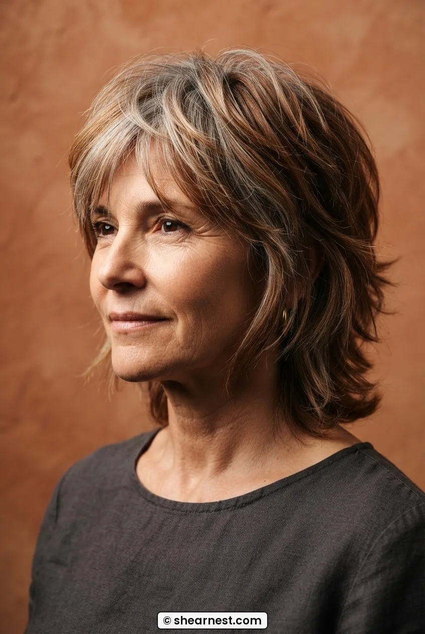 Finished modern shag on 55-year-old woman showing multi-depth layers separating from crown to collarbone in side light