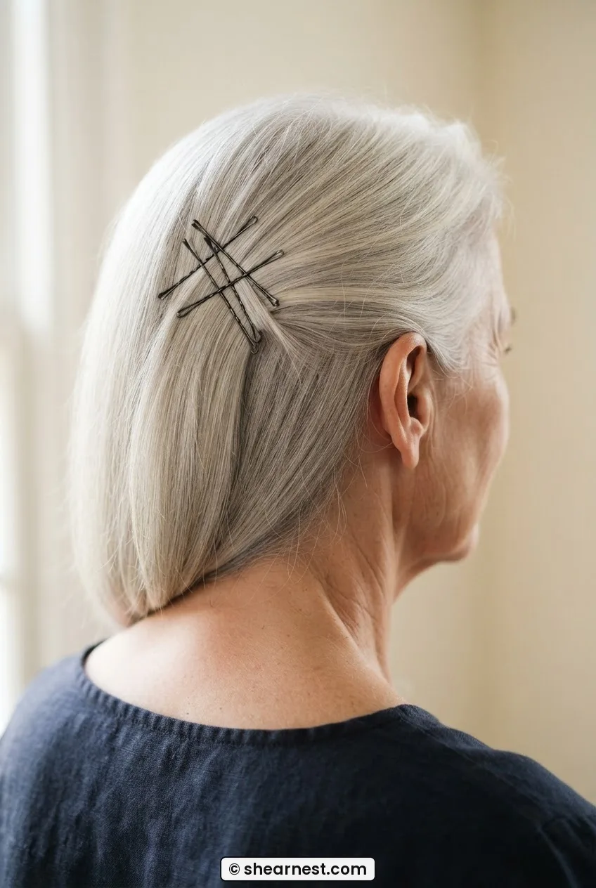 Rear view of silver-haired woman with triangular crown section pinned flat using crossed bobby pins, ivory backdrop