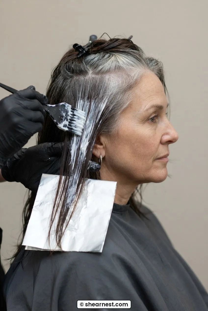 Tint brush applying cream lightener to a foiled section of dark brown hair just below the silver root line in a feathering stroke