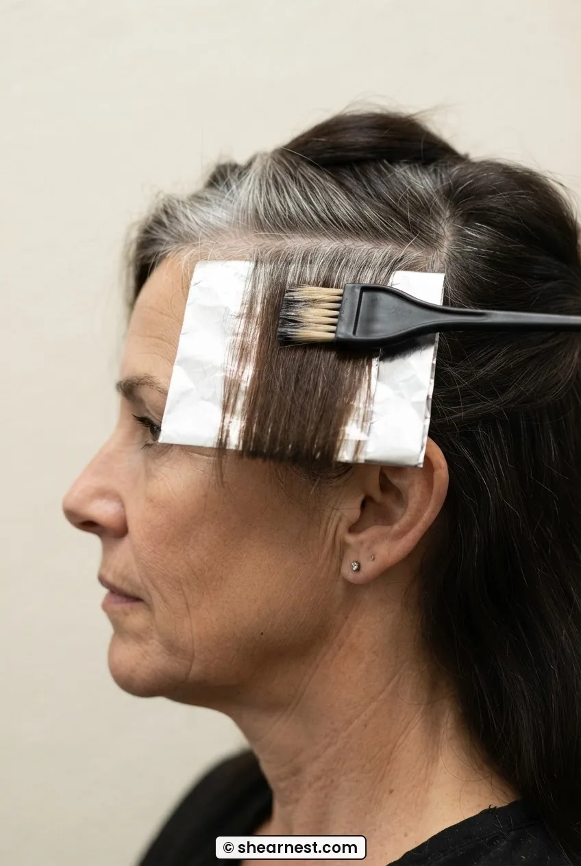 Close-up side profile of a brunette woman with a loose foil applied just below the silver root band during grey transition blending