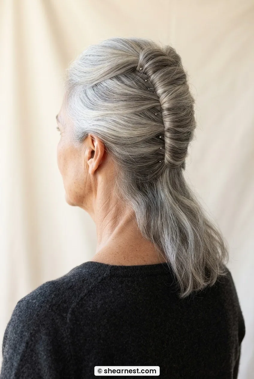 Rear three-quarter view of thick silver hair folded into a vertical half-French roll pinned at center with free hair hanging below
