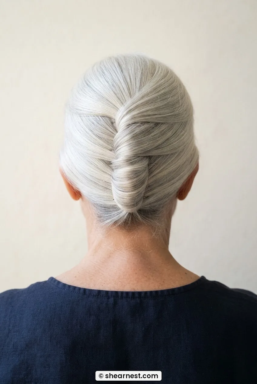 Close rear view of woman with fine silver-white hair in a vertical French tuck pinned close to the skull