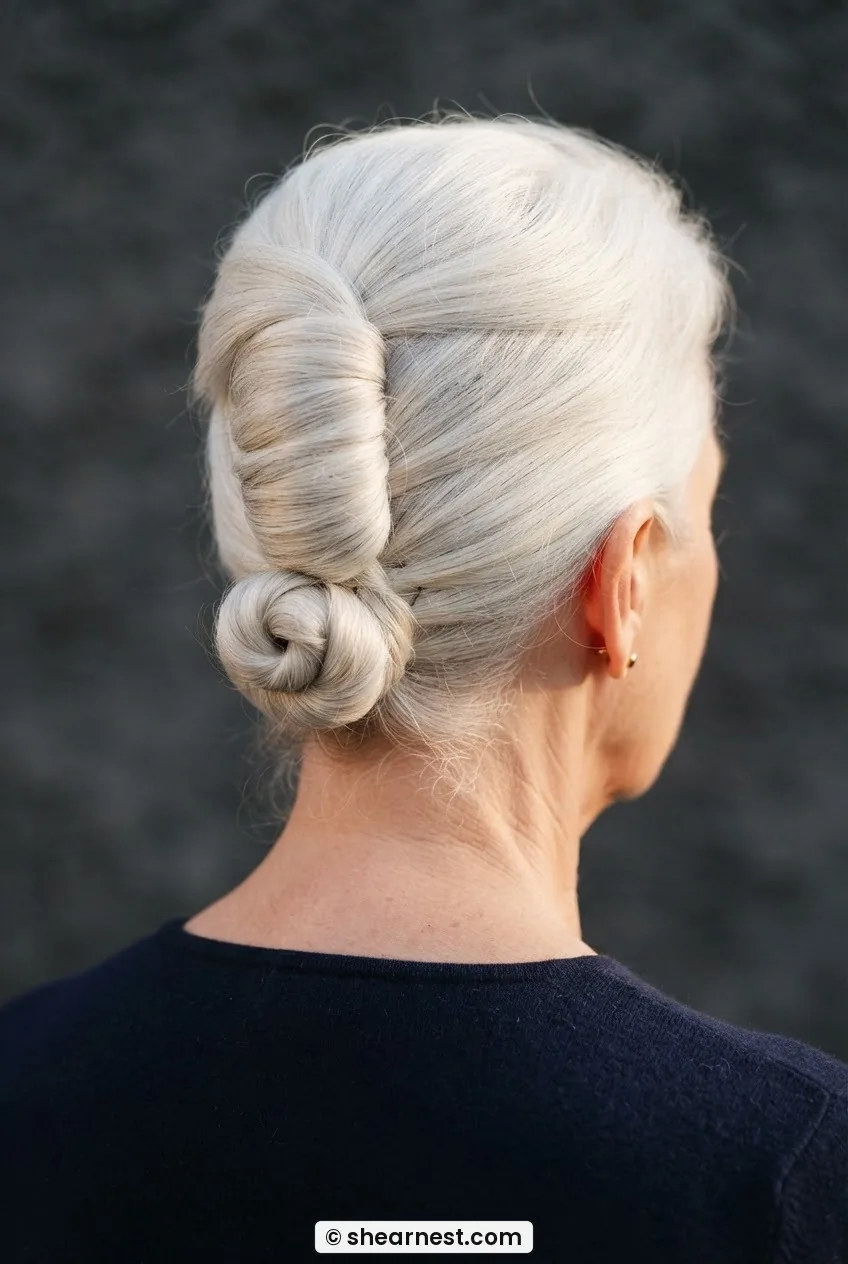 Rear three-quarter view of woman with white hair showing French twist rising into a small flat bun anchored at the base