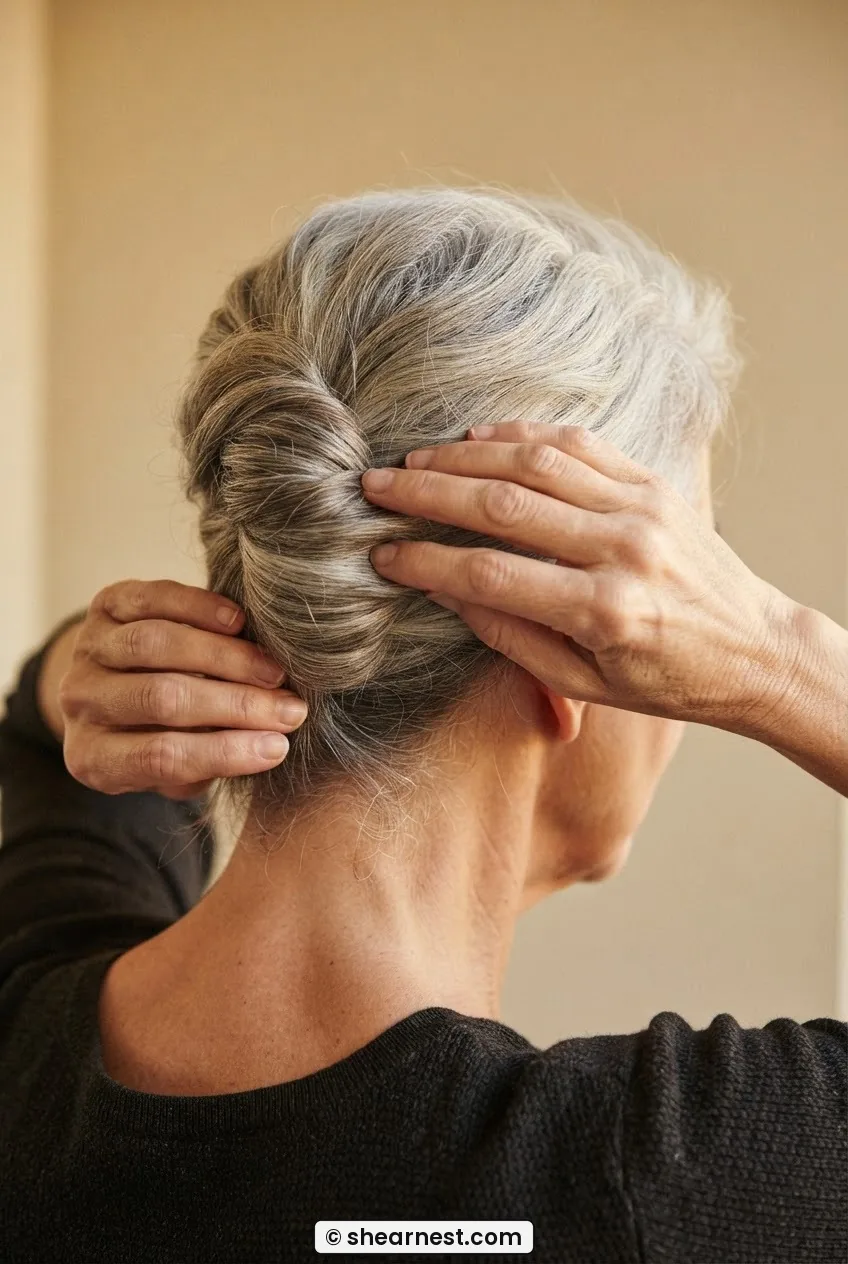Silver-haired woman mid-French-twist with hands pressing the rolled section flush against the back of the skull