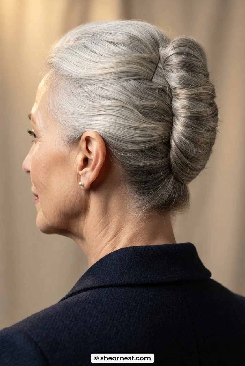 Side rear view of woman with silver hair in a classic French twist with slight surface texture and natural wave