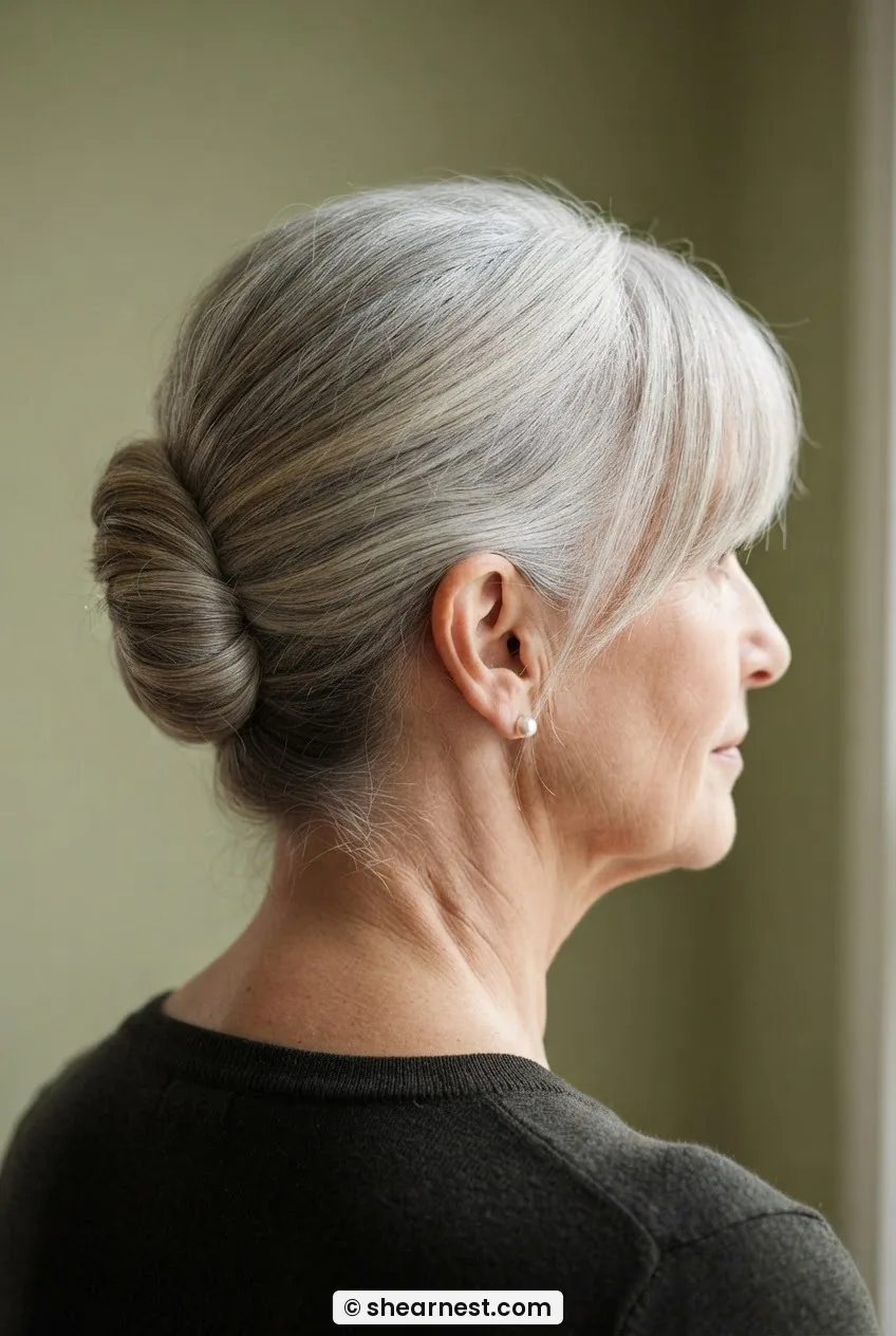 Three quarter back view of a sixty-year-old woman with silver hair in a French twist updo and a soft side-swept fringe at the front