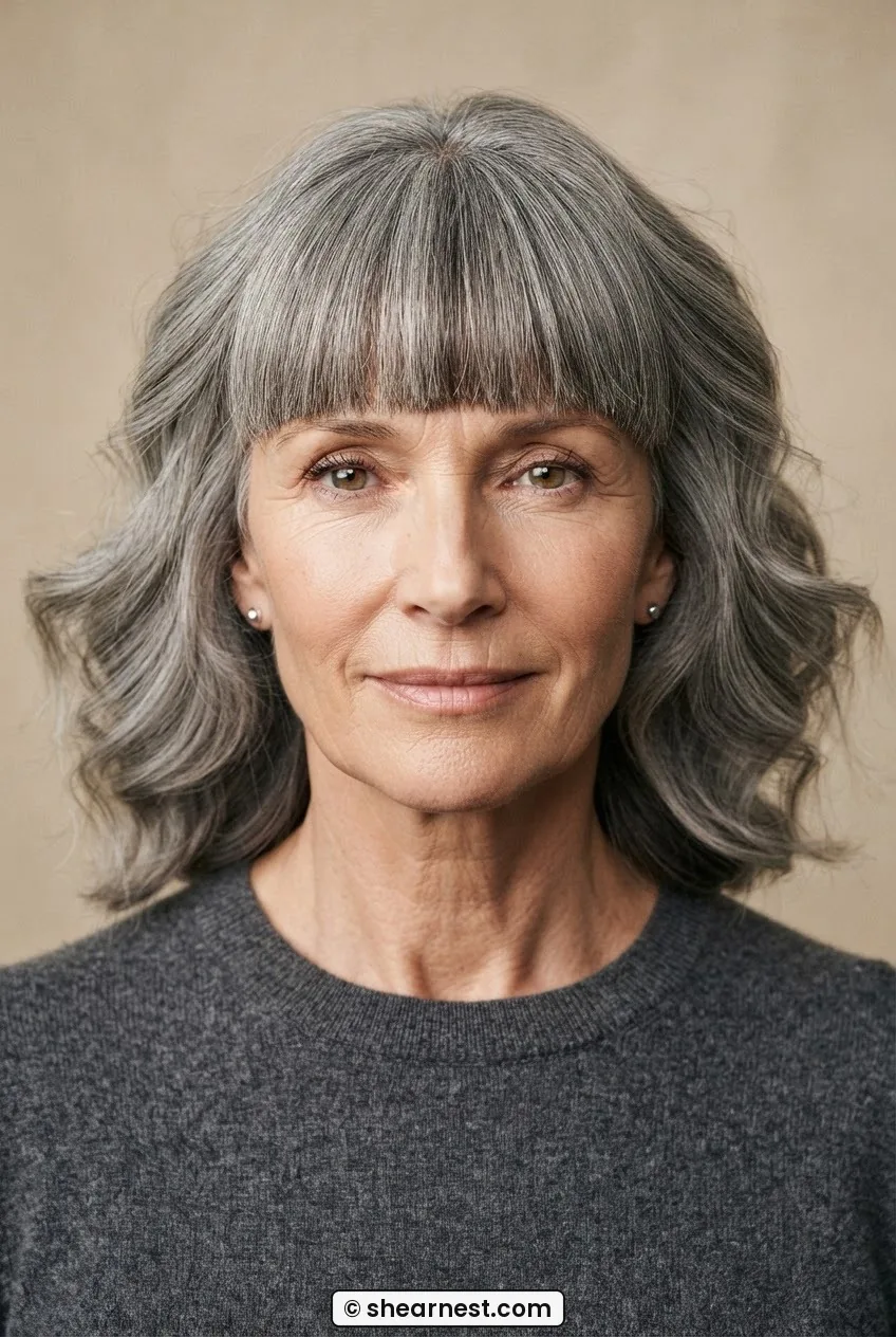 Woman with a long face wearing a dense full fringe at cheekbone level with grey waves fanning outward showing horizontal width effect