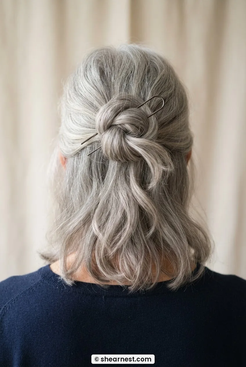 Rear view of mid-length silver hair formed into a soft gathered knot pinned at the crown with free hair hanging below