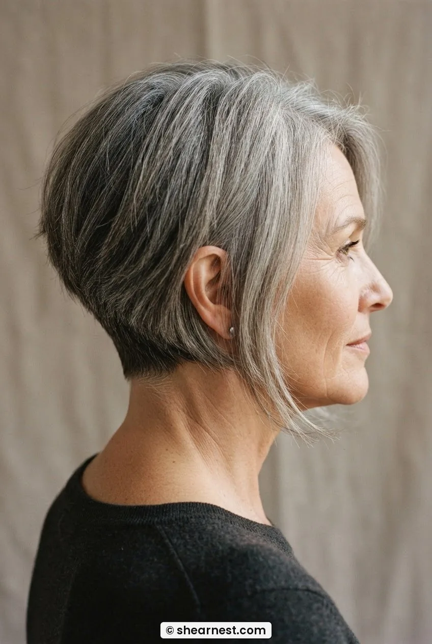Rear view of woman with thick coarse grey hair in a tightly stacked graduated bob, nape sitting close to the head