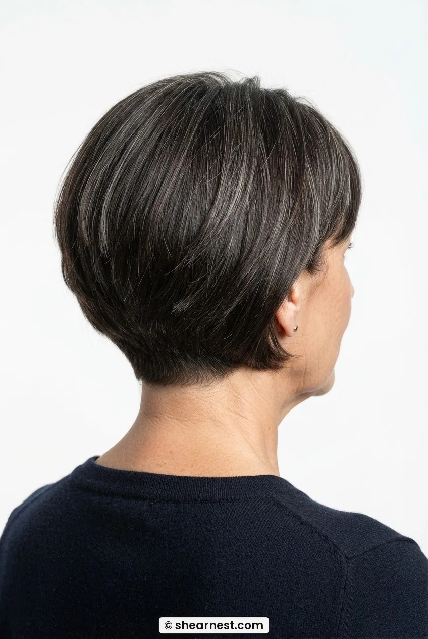 Rear three-quarter view of a 54-year-old woman showing a dark brunette graduated bob with grey highlights