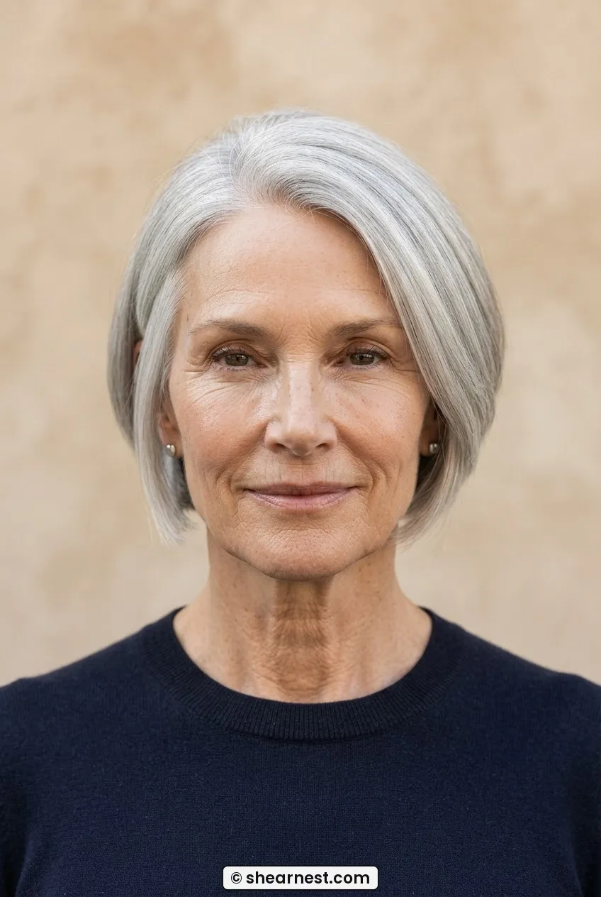 Woman with a long face wearing a graduated bob with silver hair stacked at a low nape and the longest pieces at earlobe level