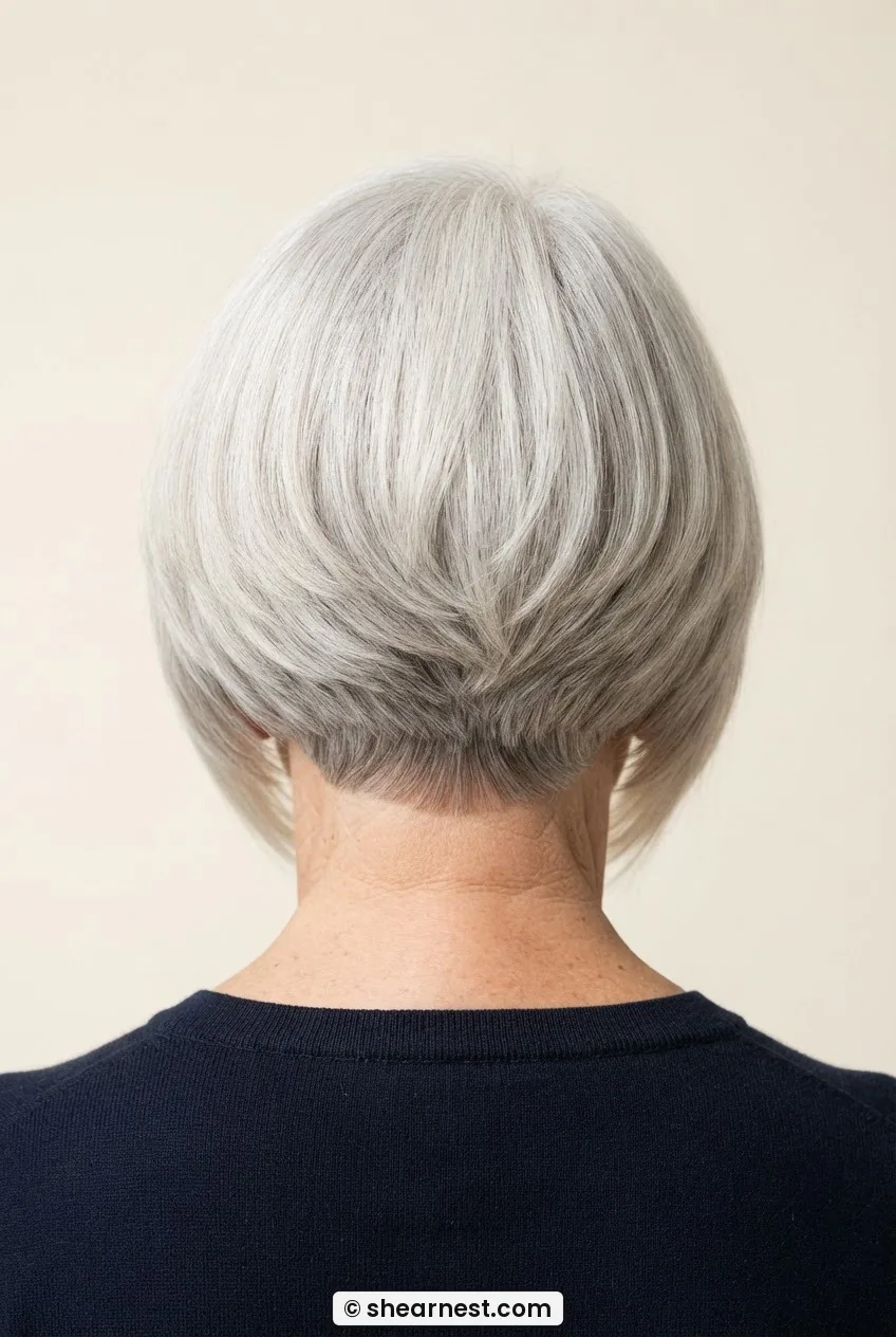 Direct rear view of a sixty-eight-year-old woman with a graduated bob in white silver hair showing the stacked rounded silhouette at the back