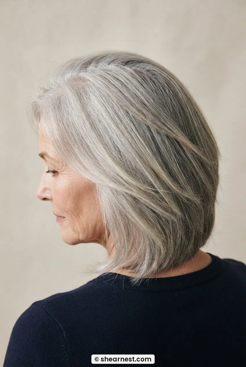 60-year-old woman with fine silver hair in a graduated lob, crown sitting away from the scalp in soft even light
