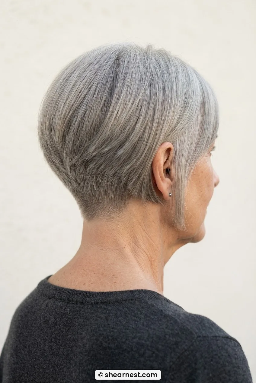 Rear three-quarter view showing tightly stacked graduated bob nape with fine ash grey hair building to longer front lengths
