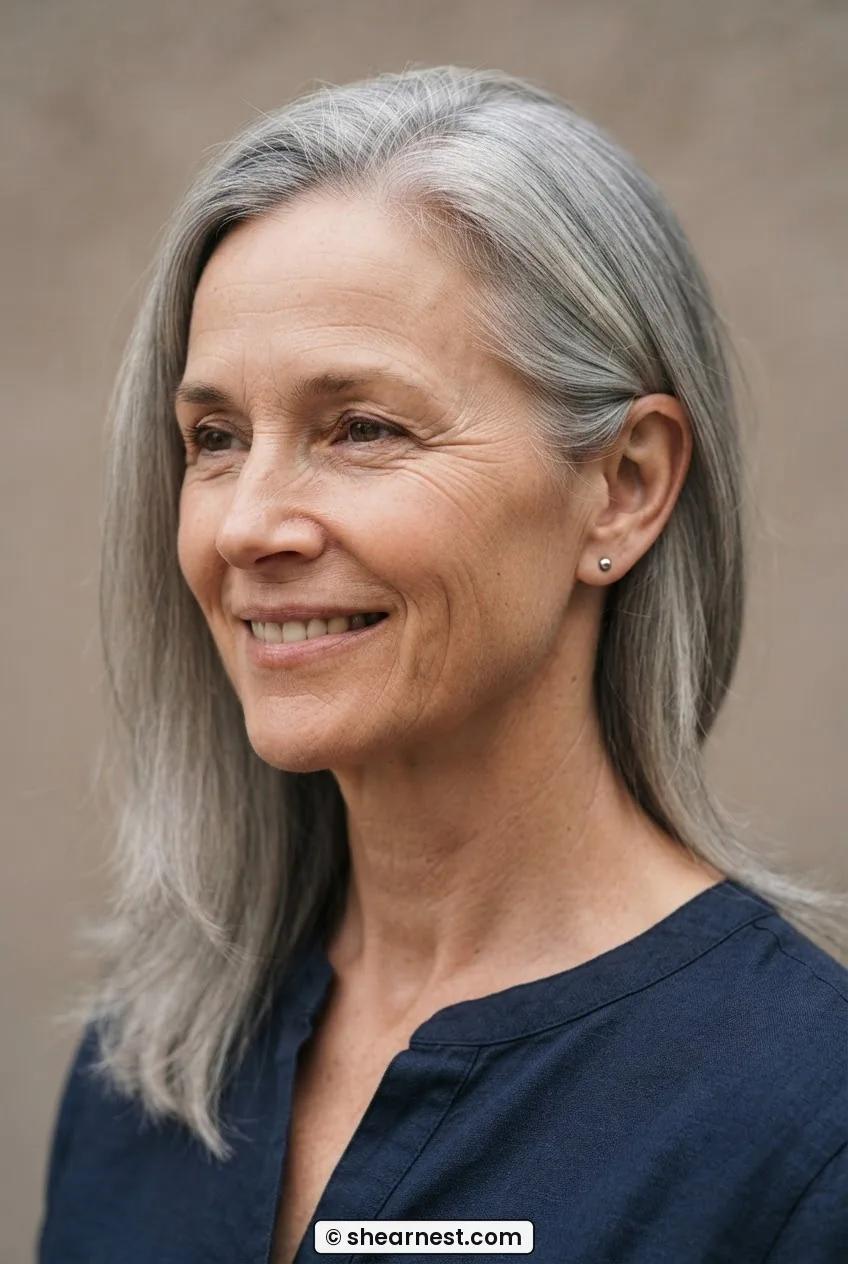 Woman with long gray hair tucked behind one ear showing soft point-cut perimeter at the collarbone
