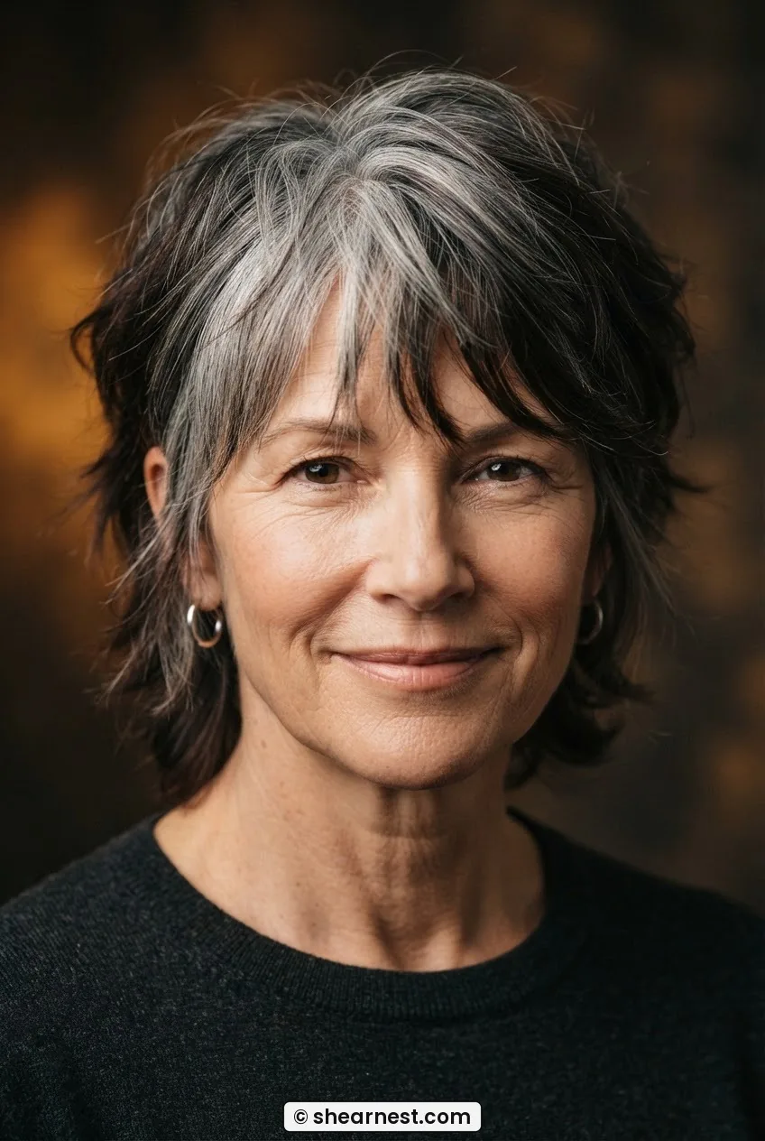 Close editorial shot of a woman in gray hair transition wearing a textured pixie shag showing deliberate two-tone gray layering