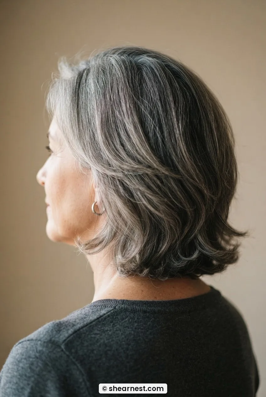 Back three quarter view showing soft layering and movement in a greying mid-length cut for oval face over fifty
