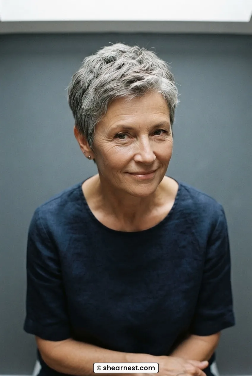Slightly overhead angle of a 60-year-old woman with a short textured grey pixie cut, crown texture visible in top light