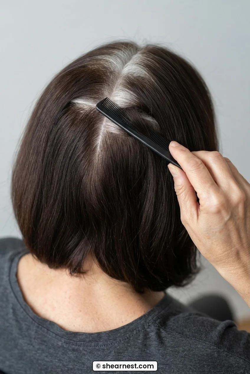 Overhead view of a 53-year-old woman with dark hair parted in four sections showing silver regrowth crown and tail comb in hand