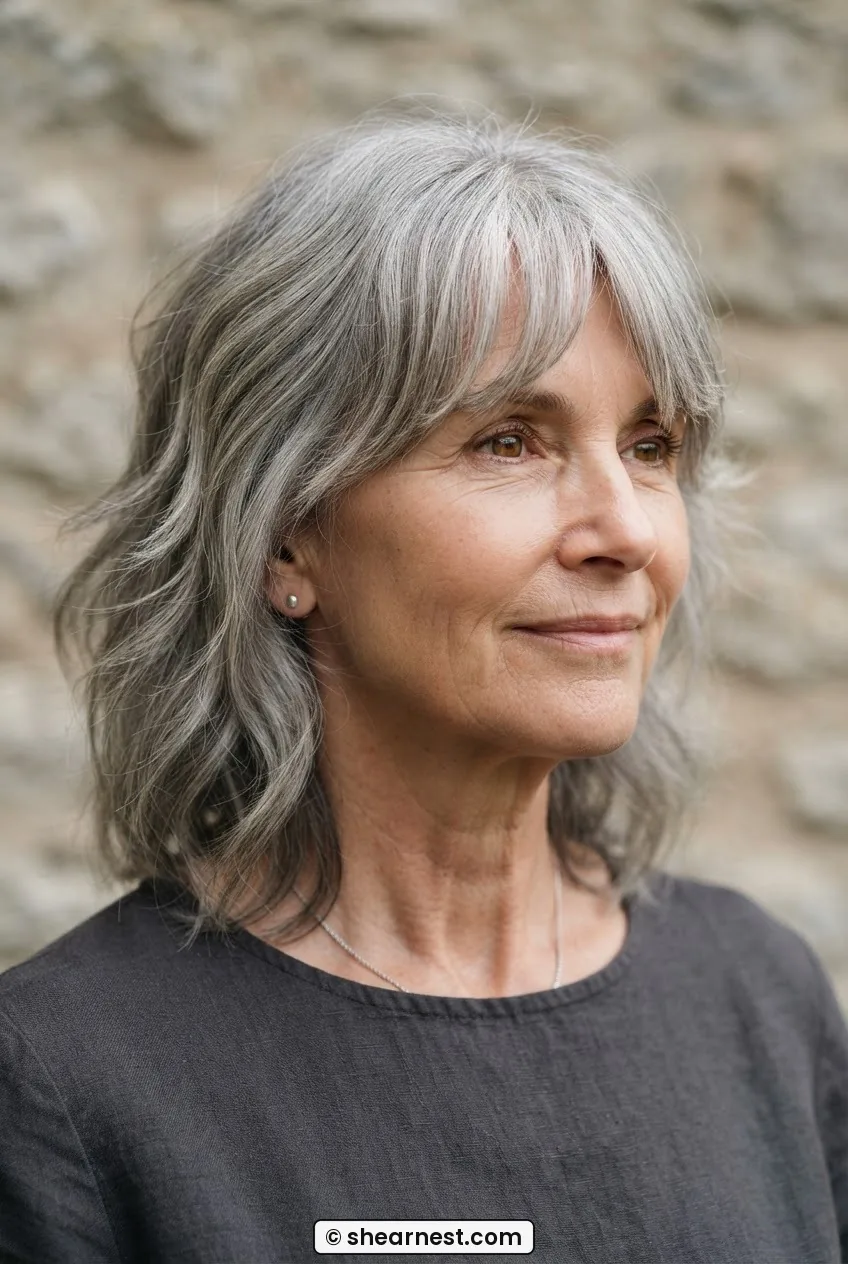 Woman over sixty with grey layered shag and curtain fringe parting centrally over forehead
