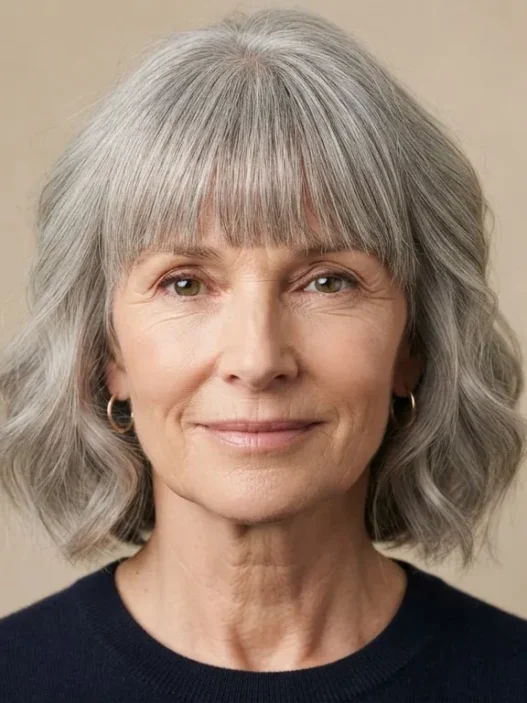 Woman in her late fifties with a long face wearing a full cheekbone-level fringe and soft grey waves at cheek level against warm beige backdrop