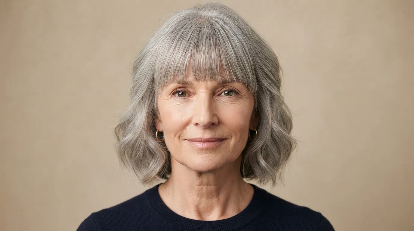 Woman in her late fifties with a long face wearing a full cheekbone-level fringe and soft grey waves at cheek level against warm beige backdrop