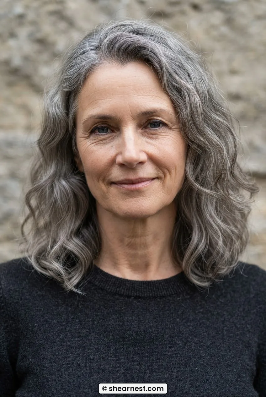 Woman in her late fifties with grey wavy collarbone-length hair showing the S-wave pattern concentrated near the crown
