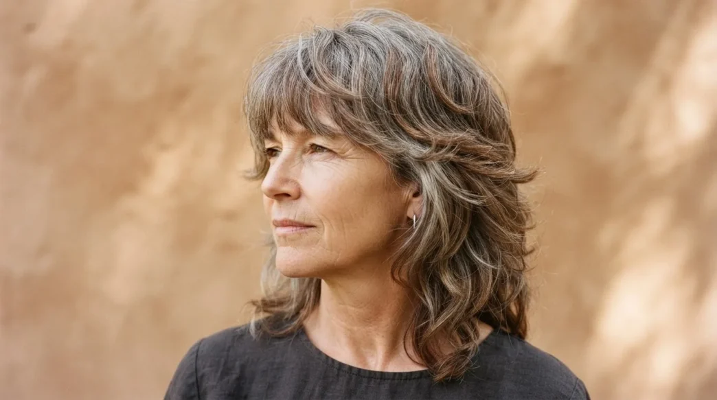 55-year-old woman with greying auburn modern shag, rough-dried to natural fall against warm clay backdrop in side light