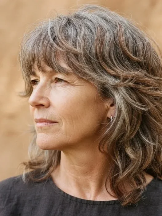 55-year-old woman with greying auburn modern shag, rough-dried to natural fall against warm clay backdrop in side light