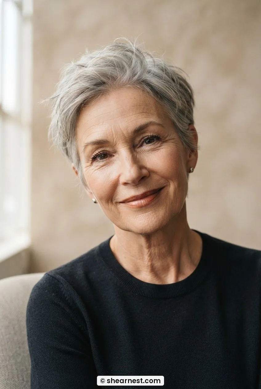 Relaxed three-quarter front view of a woman in her sixties with a grown-out silver pixie with sides past the ear and textured crown