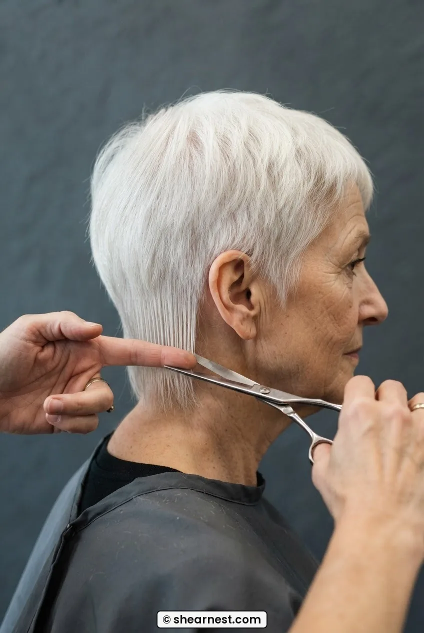 Hand holding a centre-back hair section horizontally with scissors positioned for the first guide cut at the nape