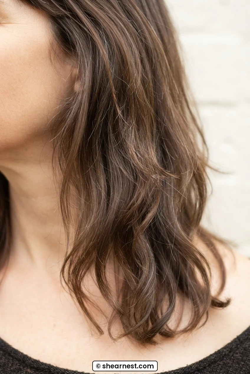 Close-up detail of mid-length brown layered hair showing fine grey strands and natural wavy texture at the ends