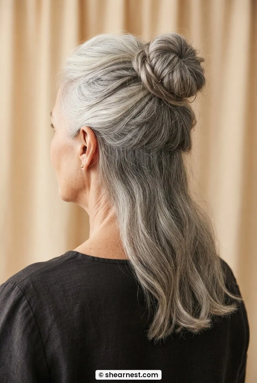 Rear three-quarter view of woman over 50 in half-up high knot with lower silver layers left loose at the nape