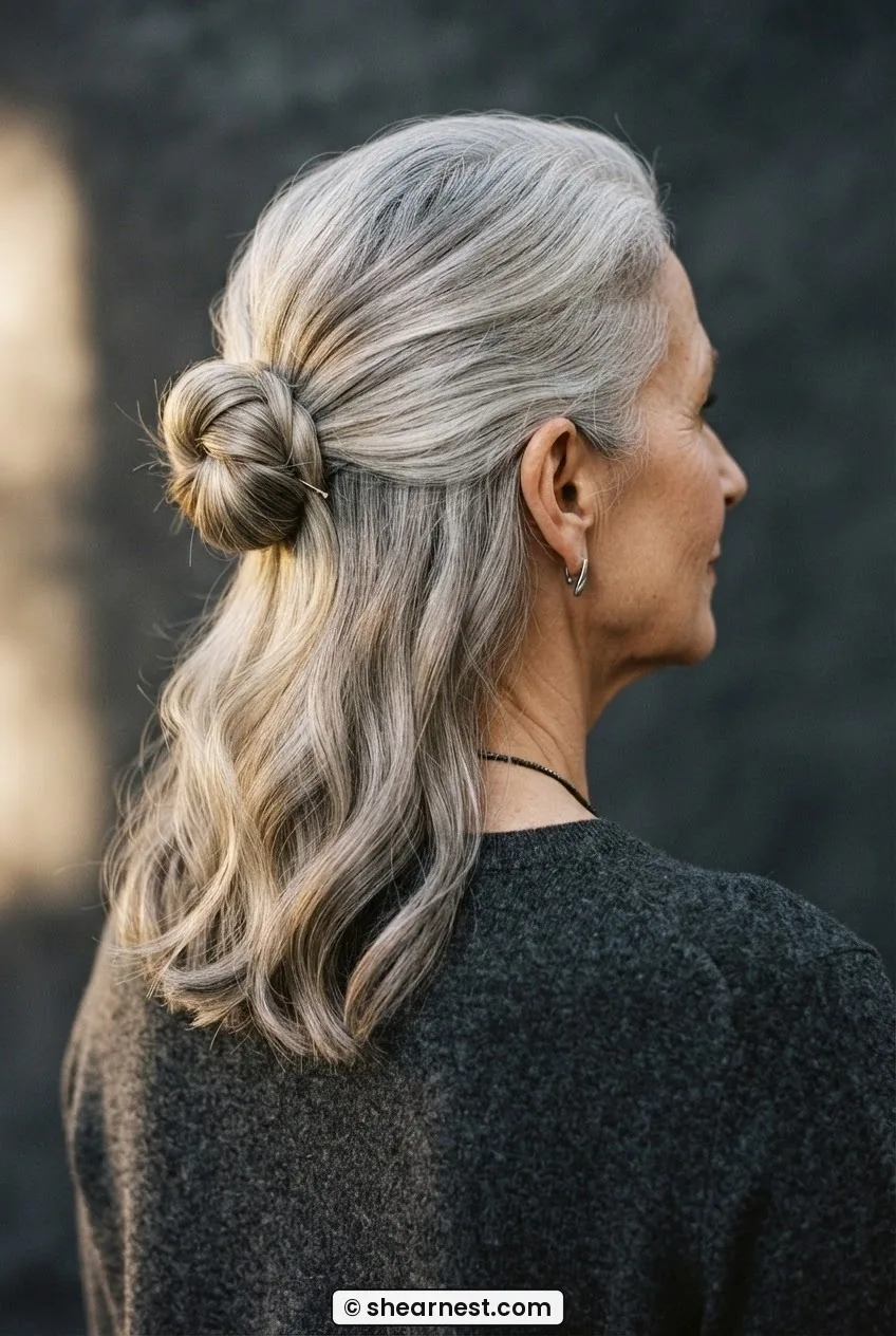 Three-quarter rear view of silver-haired woman with a half-up low bun at nape and loose waves falling to shoulder