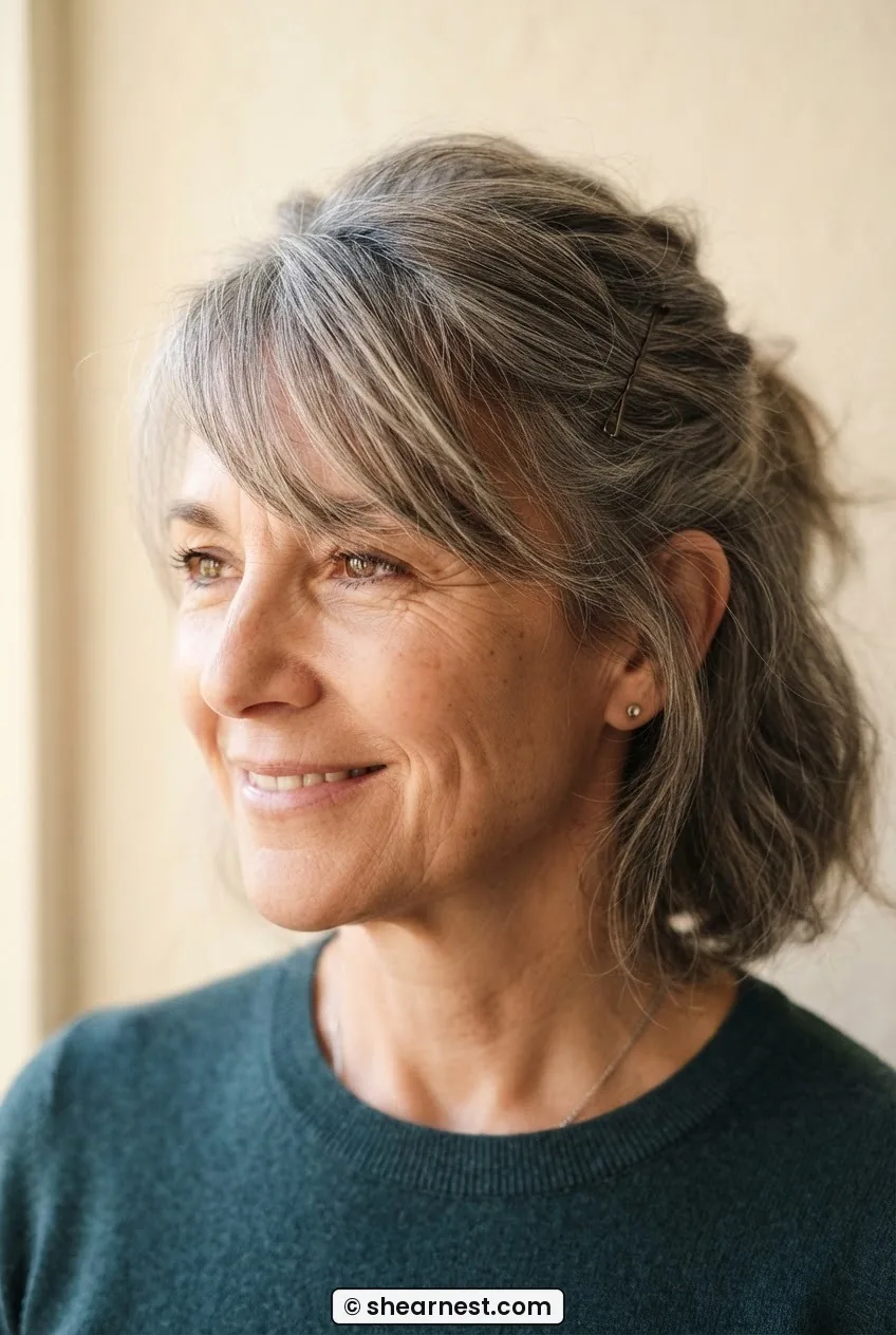 Close-up of a woman in her mid-fifties with salt-and-pepper hair in a half-up style with a natural side-swept bang escaping a pin