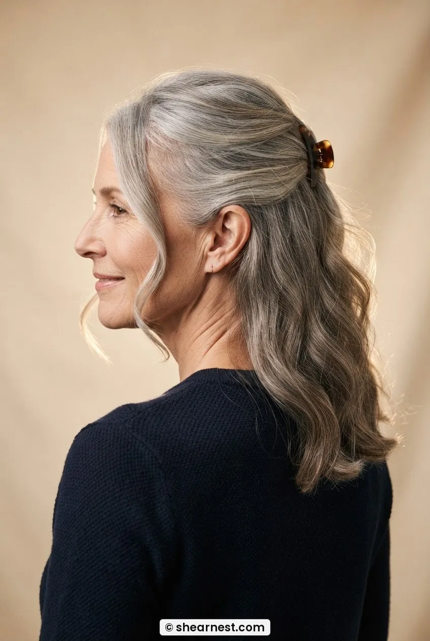 Three quarter rear view of woman with warm grey hair in a half-up pinned style with soft tendrils at temples