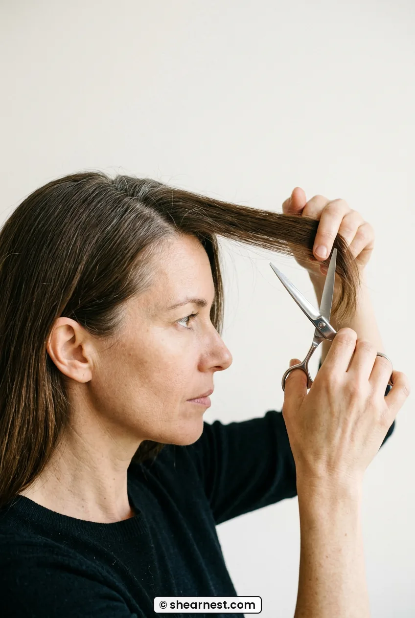 Woman holding a one-inch hair section at 45 degrees from the head while scissors cut horizontally across it