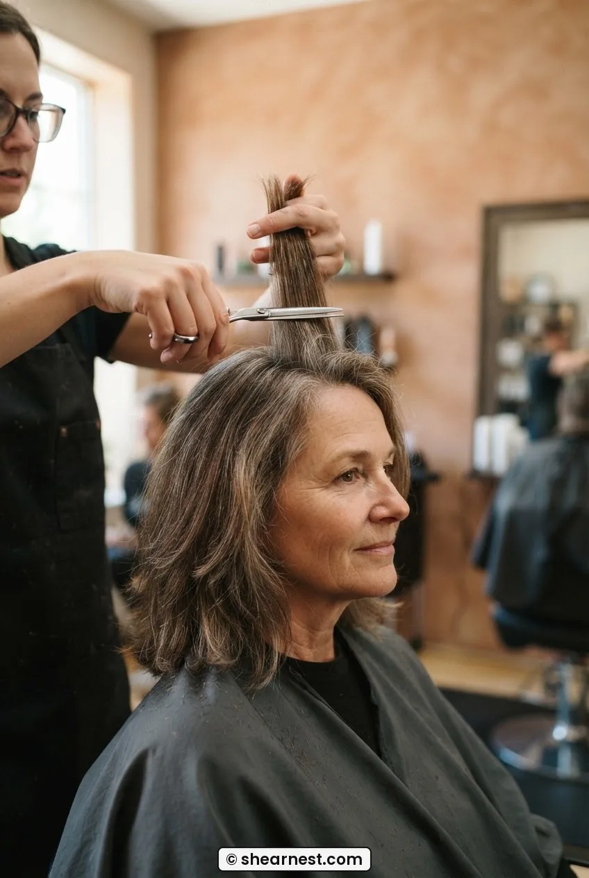 Haircutting shears cutting horizontal guide layer on crown section held straight up between fingers