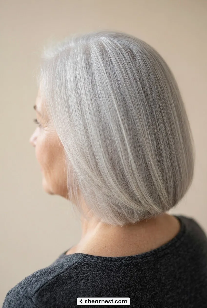 Very fine translucent silver hair in an invisible micro-layer one-length cut, subtle structure catching soft light