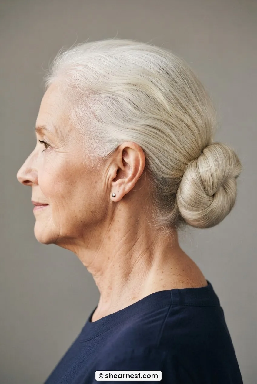 Side profile of woman in her sixties with fine white hair in a smooth rounded knotted loop bun at the nape
