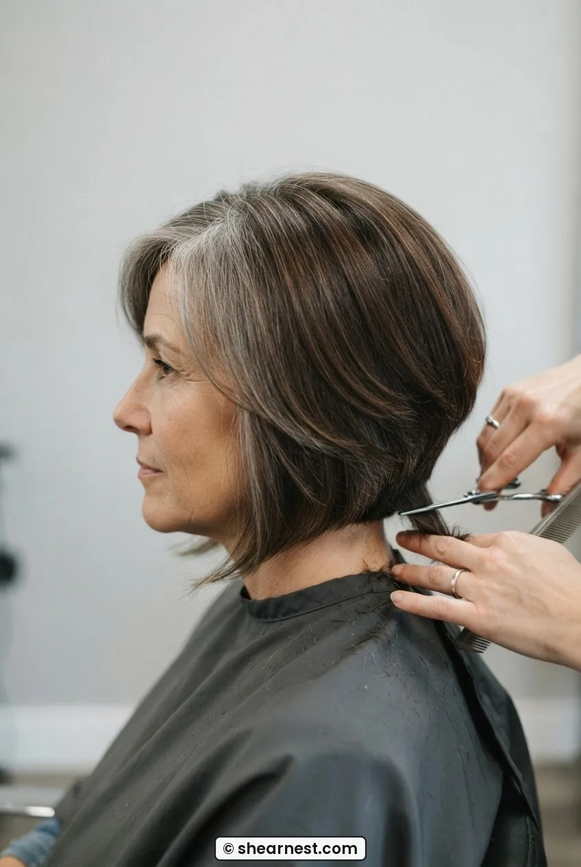 Side view of a transitioning grey-brown haired woman receiving a softly layered mid-length cut with scissors visible at the back