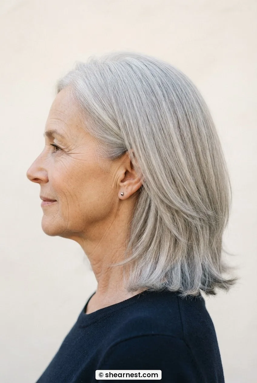 Side profile of woman with fine ash grey collarbone-length lob showing solid crown and layered movement from mid-shaft down