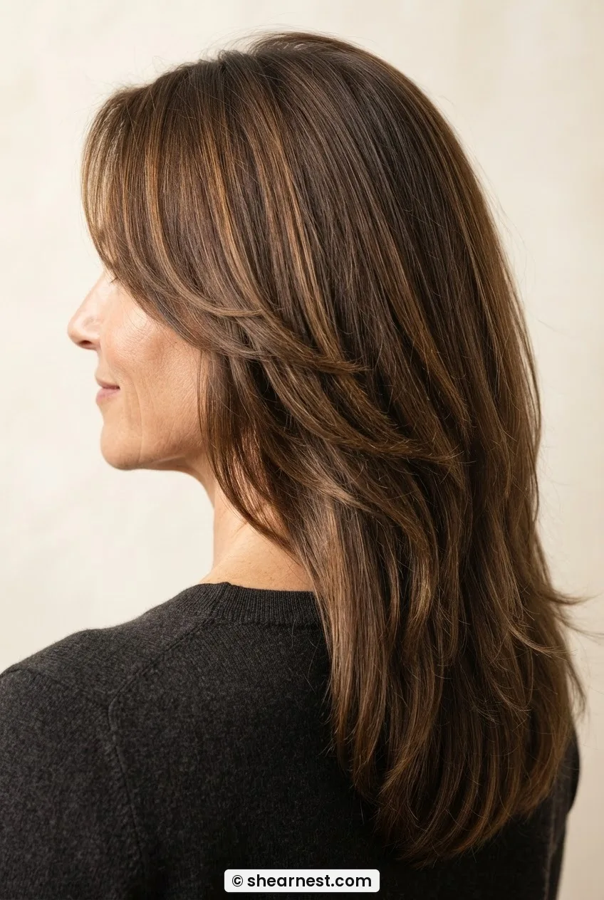 Rear three-quarter view of long brown hair with face-framing layers falling at jaw level, showing graduated perimeter shape